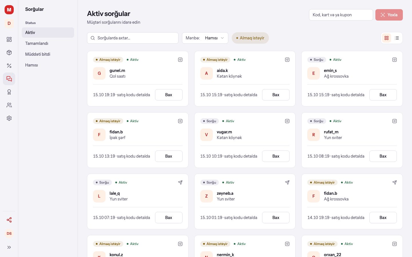 MySell paneli: sorğular siyahısı